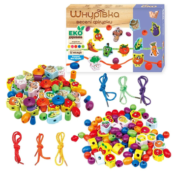 Дерев&rsquo;яна шнурівка WToys 63732 намистинки, фігурки овочі, шнурочки, розвиваюча іграшка 190776 фото