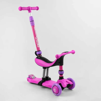 Самокат-велобіг 3в1 триколісний, Best Scooter, 3 колеса PU зі світлом, сидіння, амортизатори, батьківська ручка, рожевий 2122 фото